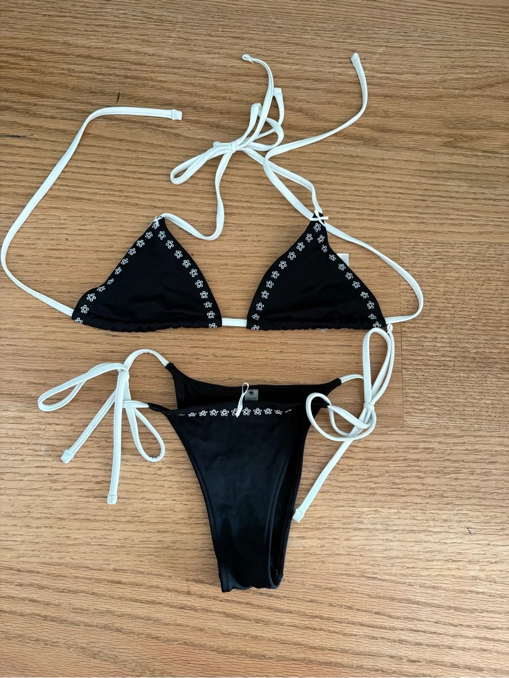 Frankie's Bikinis Black Triangle Top with White Ties